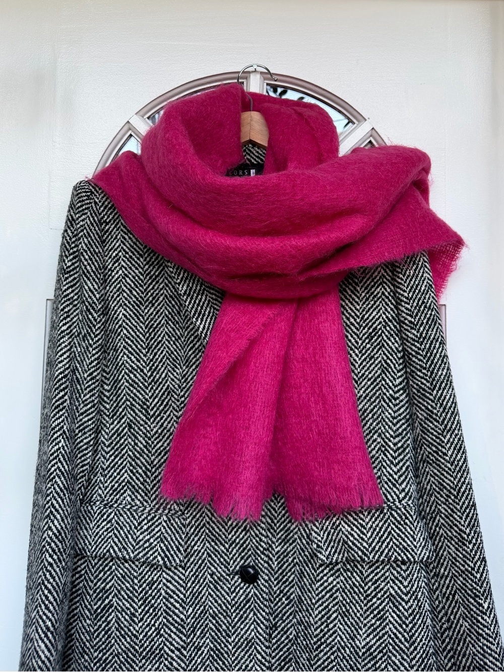 Magenta Women's Oversized Mohair Wool Blend Scarf Colorblocking Fuzzy Scotland